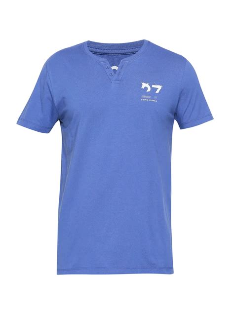 Being Human Regular Fit Men Henley Neck T-Shirts-True Blue