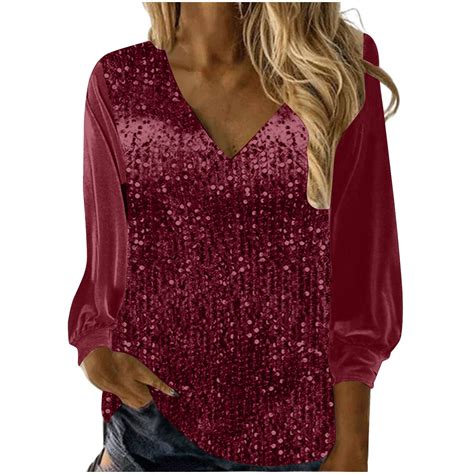 DJskiyers Women's Sequin Tops Elegant Dressy Shirts V Neck Long Sleeve ...