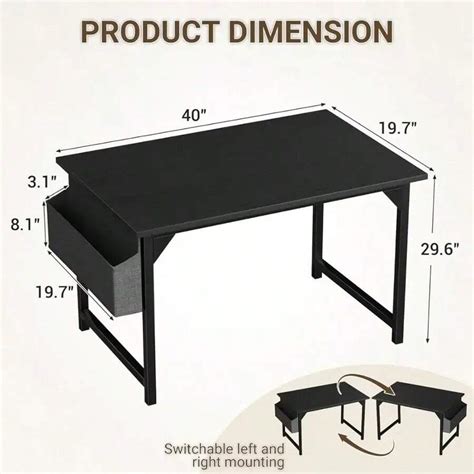 40 Inch Black Compact Work DeskSide Storage & Headset Hook For Modern ...