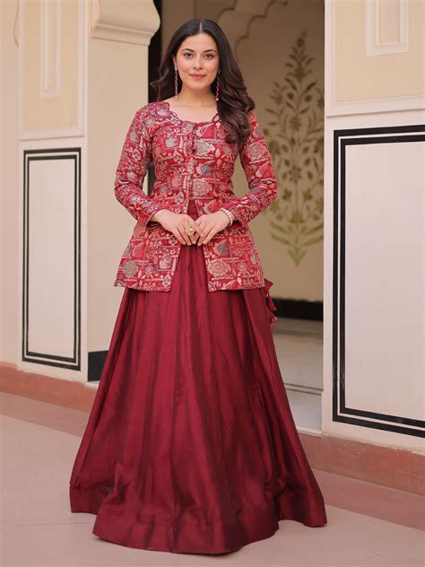 Maroon Vichitra Silk Kali Pattern Lehenga with Jacquard Jacket – Trinari