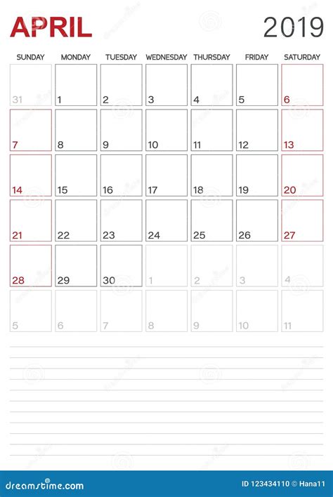 Calendario Inglés - Abril De 2019 Ilustración del Vector - Ilustración ...