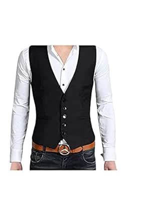 Buy Cotton Men's V Neck Slim Fit Formal/Party Waistcoat (Small_Black ...