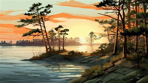 Serene Lake Scene with Pine Trees and Rocky Shoreline Stock ...