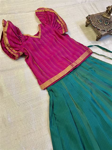 Gowri Manohari (Pink and Parrot Green Pavadai set in Bamboo silk ...