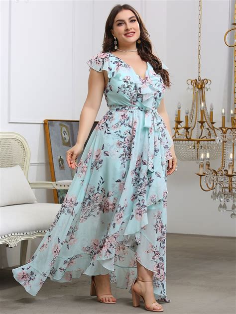 Plus Floral Print Ruffle Trim Belted Dress | Plus size maxi dresses ...