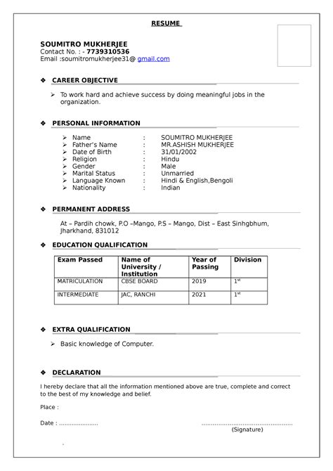 Soumitro - Im a student. - RESUME SOUMITRO MUKHERJEE Contact No ...