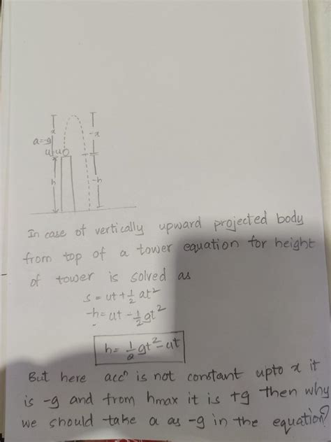 In case of vertically upward projected bodyfrom top of a tower equation for heightof tower is ...