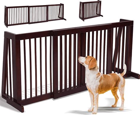 HAPPAWS Extra Wide & Adjustable Freestanding Dog Gate, 28-80 Inch, Brown Wooden Pet Barrier ...