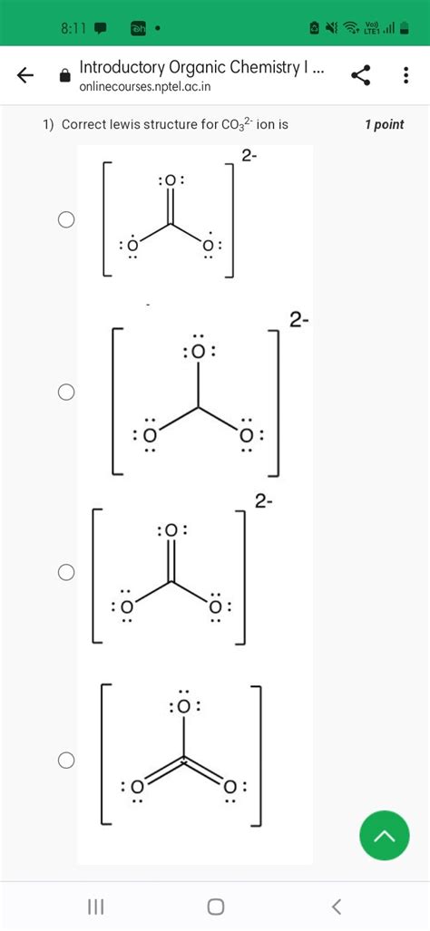 SOLVED: 1) Correct lewis structure for CO3^2- ion is 1 point