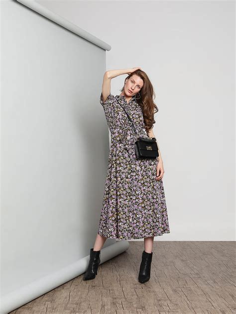 Purple Floral Print Shirt Dress