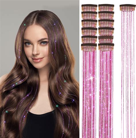 Amazon.com: 12pcs Clip-in Hair Tinsel Kit 20in Heat Resistant Glitter ...