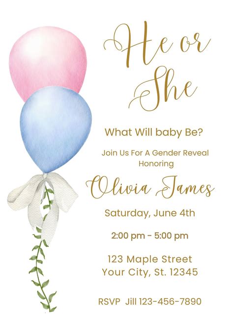 Balloon Gender Reveal Invitation, Editable Minimalist Gender Reveal ...