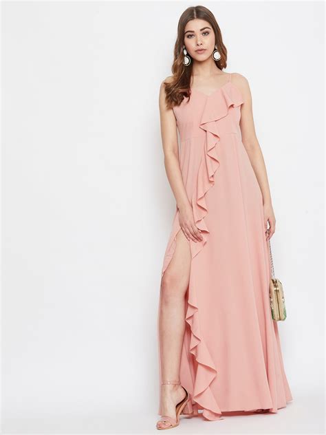 Women Solid Pink V-Neck Front-Slit Ruffled Maxi Dress - Berrylush