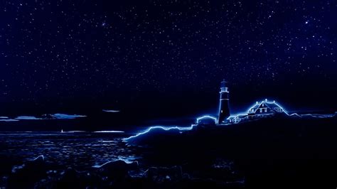 1080P, starry, portland head light, neon, digital art, night sky, shore ...