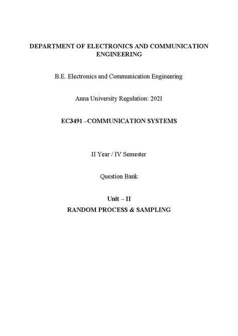 IV ECE EC3491 Systems II Question Bank - Unit II: Random Process ...