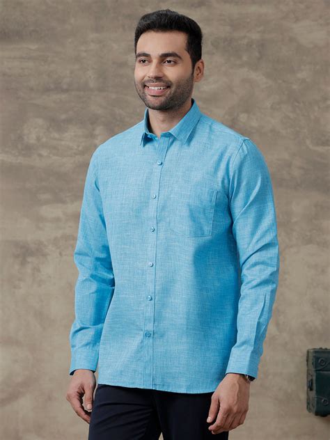 Mens Cotton Blend Shirt Full Sleeves Dark Sky Blue T12 CK3