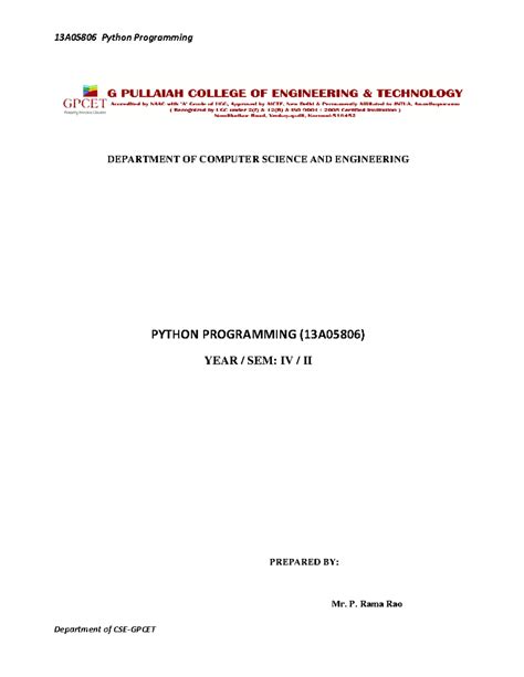 Python lecture notes I Units - DEPARTMENT OF COMPUTER SCIENCE AND ...
