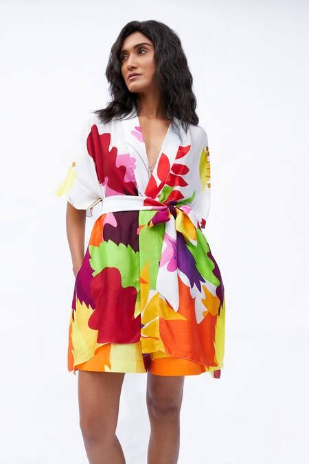Buy Multi Color Mandarin Collar, The Autumn Leave Printed Jacket With ...