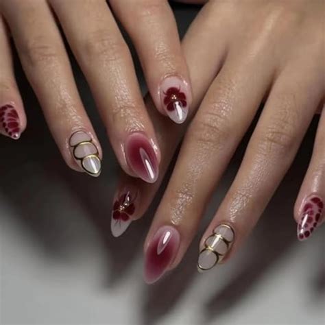 Buy Nakhoon Purple Pink Flower Almond Press On Nails Kit for Women And ...