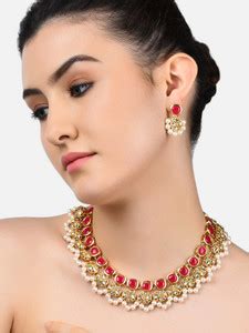 ZAVERI PEARLS Zinc Gold-plated White, Red Jewellery Set Price in India ...
