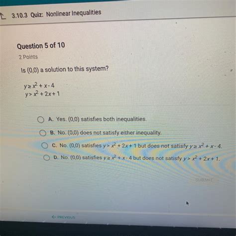 Is (0,0) a solution to this system? - brainly.com