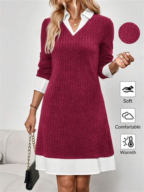 EMERY ROSE Grey Color Blocking With White Trim Office Dress Office Wear ...