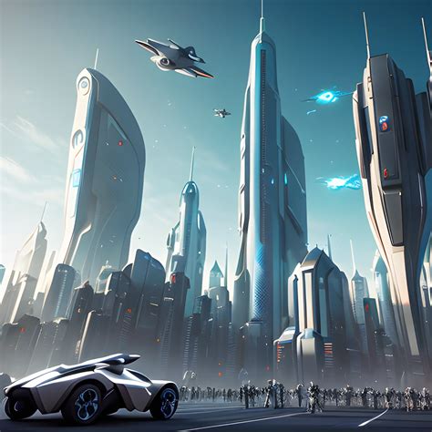 A futuristic cityscape in the year 3,000, with a diverse crowd of ...