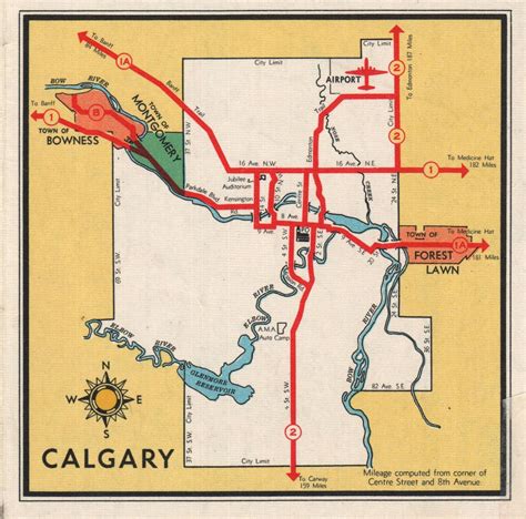 Simplified map of Calgary from the rear side of the Official 1959 Alberta Provincial Road Map ...