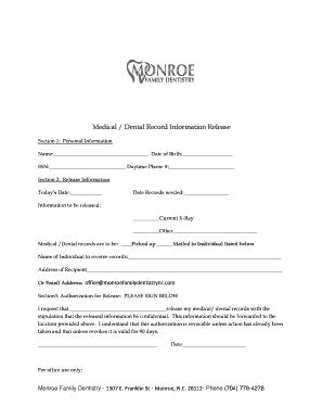 Fillable Online Medical / Dental Record Information Release - Monroe ...