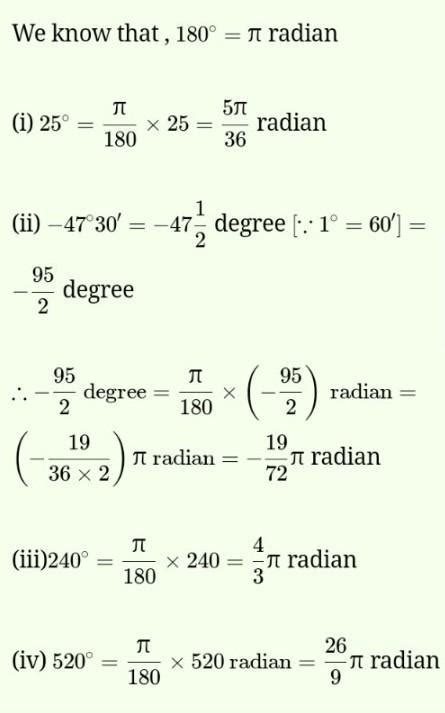 find the radian measures corresponding to the following degree measures ...