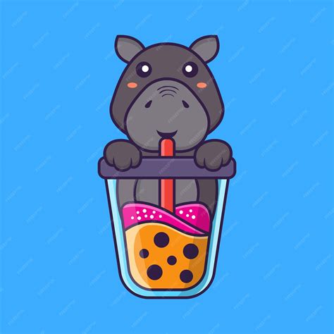 Premium Vector | Cute hippopotamus drinking boba milk tea. animal ...