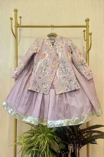 Buy Purple Net Embroidery, Sequins Flamingo Bird Jacket And Lehenga Set ...