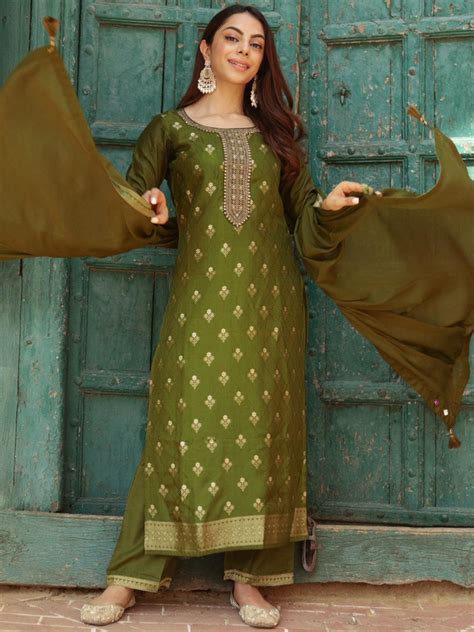 Buy Olive Woven Design Silk Blend Straight Suit With Dupatta Online at ...