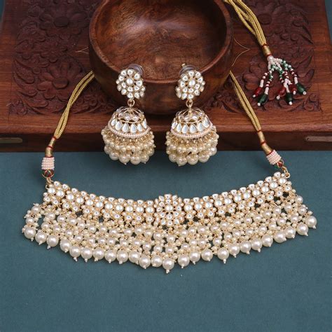 Sukkhi Golden Gold Plated Kundan & Pearl Choker Necklace Set For Women ...