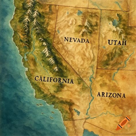 Illustrated map of California, Nevada, Utah, and Arizona with mountains, rivers, and coastlines ...