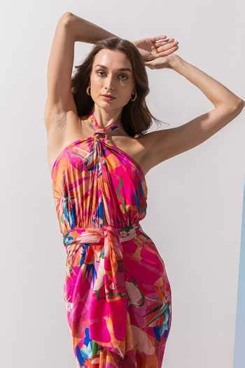 Buy Pink Satin Abstract Pattern Halter Neck Print Dress For Women by ...
