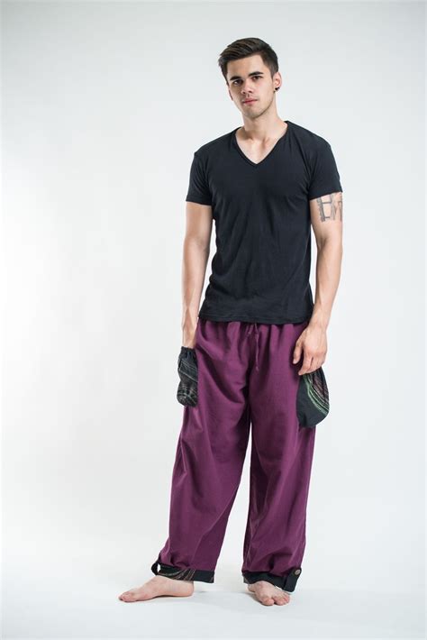 Thai Cotton Men Drawstring Pants With Hill Tribe Trim Purple – Harem Pants