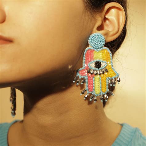 Buy Digital Dress Room Colorful Beaded Hamsa Evil Eye Earrings Online