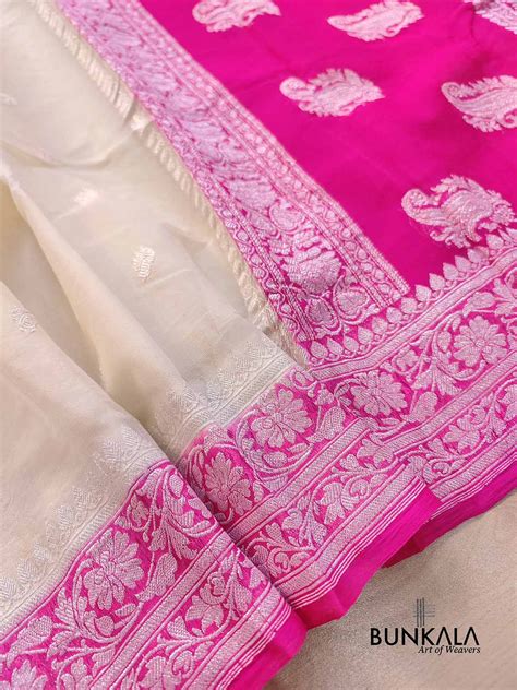 Shop Off White Pink Silver Zari Banarasi Pure Khaddi Chiffon Saree ...