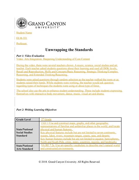 ELM 351 Unwrapping the Standards Chart - Student Name ELM- Professor Unwrapping the Standards ...