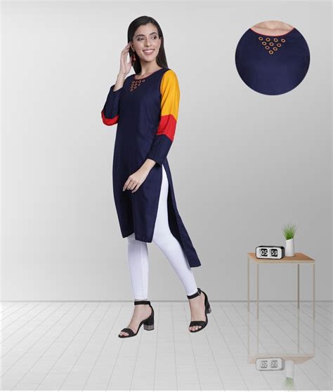 Women’s Rayon High Low Plain Straight Kurti (Navy Blue) – Fabclub