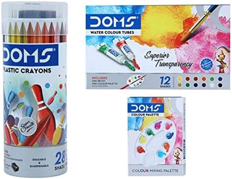 Doms Plastic Crayon 28 Shades Round Tin Water Color Tube 12 Shades ...