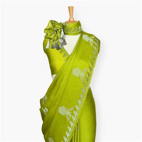Lime Green Woven Satin Saree With Blouse Piece | Heirlooms of Silk ...
