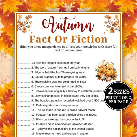 Fall Fact or Fiction Game, Printable Autumn Party Game, True or False ...
