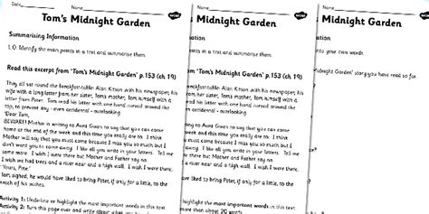 Toms Midnight Garden Summarising Practice Worksheets - summarise