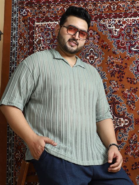 Instafab Plus Men's Sage Green Duo-Striped Relaxed Polo T-Shirt