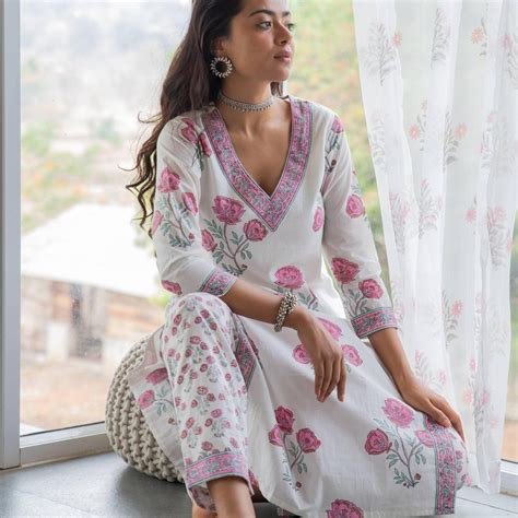 Amaryllis White Blockprint Designer Cotton Suit Sets for Women – House ...