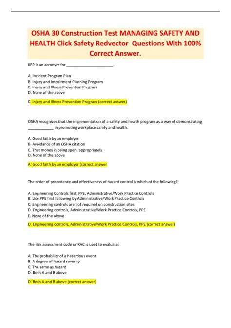 OSHA 30 Construction Test MANAGING SAFETY AND HEALTH Click Safety ...