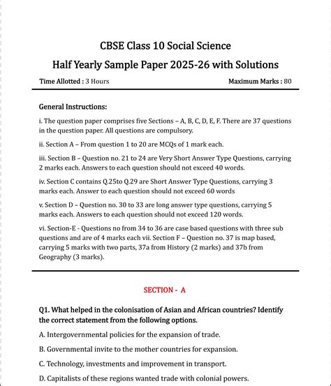CBSE 10th Social Science Half-Yearly Exam 2025-26: Sample Paper PDF ...