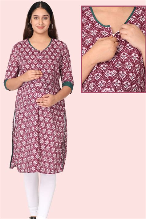 Maroon Printed Feeding Kurta with Vertical Zip | Suitable for Pregnanc